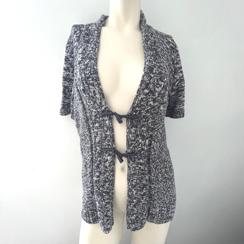Christopher &‎ Banks Knit Cardigan Short Sleeve Tie Front Sweater Black White L